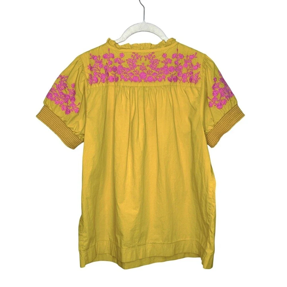 J.Crew Blouse Womens Small Yellow Embroidered Floral Boho Short Sleeve Tunic Top